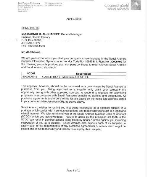 Approval for Saudi ARAMCO-vendor Code No 10057911_page-0001